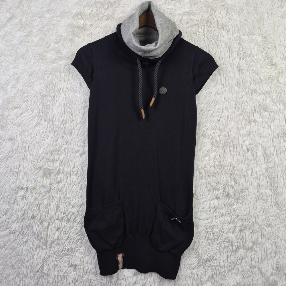 Naketano Brave New Word Womens S Black Short Sleeve Funnel Neck Sweater